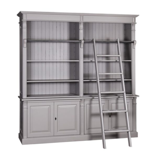 landelijk klassieke boekenkast met een ladder en deuren. de planken in de kast zijn verstelbaar. Gemaakt van massief hout eiken in de kleur grijs. Het kan op maat gemaakt worden. Villa Laura