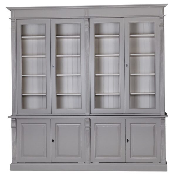 Landelijk klassieke bibliotheekkast met deuren. de planken in de kast zijn verstelbaar. Gemaakt van massief hout eiken in de kleur grijs met een witte binnenkant. Het kan op maat gemaakt worden. Villa Laura
