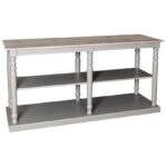 landelijk open dressoir/sidetable met legplank. Dit is ideaal voor je producten mooi te presenteren. Gemaakt van massief hout eiken. het onderstel is taupe, zand, beige met een white washed eiken blad. de afmeting is 180 cm. Villa Laura