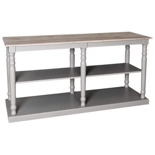 landelijk open dressoir/sidetable met legplank. Dit is ideaal voor je producten mooi te presenteren. Gemaakt van massief hout eiken. het onderstel is taupe, zand, beige met een white washed eiken blad. de afmeting is 180 cm. Villa Laura