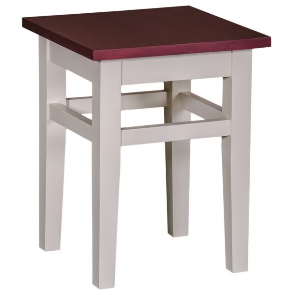 Landelijk vierkant houten krukje. Gemaakt van massief eiken hout in de kleur beige met een rood blad. Het meubel kan op verschillende manieren geverfd worden in verschillende kleuren en kan op maat gemaakt worden. Villa Laura