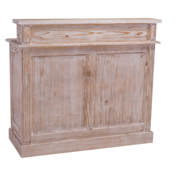 Landelijke bar met vier open vakken en twee lades voor opbergruimte. Gemaakt van massief eiken hout in de kleur rustiek white wash, ibiza wood, beach . Het meubel kan op verschillende manieren geverfd worden in verschillende kleuren en kan op maat gemaakt worden. Villa Laura
