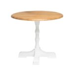 Bistro/horecatafel ronde landelijke tafel met klassiek onderstel wat op maat gemaakt kan worden. Het blad van de tafel is van licht eiken en het onderstel is gebroken wit. Villa Laura