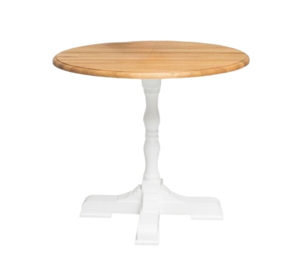 Bistro/horecatafel ronde landelijke tafel met klassiek onderstel wat op maat gemaakt kan worden. Het blad van de tafel is van licht eiken en het onderstel is gebroken wit. Villa Laura