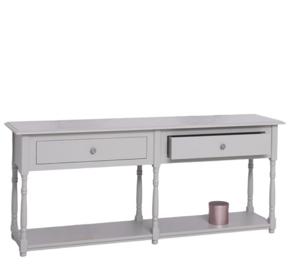 Landelijke side table met twee lades en onderplank. Gemaakt van massief eiken hout in de kleur licht grijs. Het meubel kan op verschillende manieren geverfd worden in verschillende kleuren en kan op maat gemaakt worden. Villa Laura