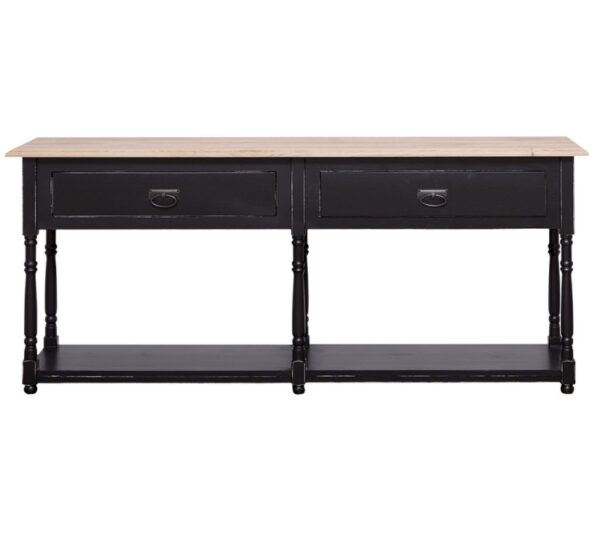 Landelijke side table met twee lades en onderplank. Gemaakt van massief eiken hout in de kleur zwart met een eikenhouten toplaag. Het meubel kan op verschillende manieren geverfd worden in verschillende kleuren en kan op maat gemaakt worden. Villa Laura