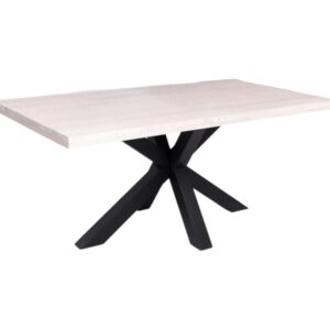 Modern landelijke rechthoek eettafel met spinpoot. Gemaakt van massief hout licht eiken. Het onderstel is zwart en het bovenblad is van warm rustiek eiken hout waar je mooi de nerven van kan zien. De lengte is 180 cm of het kan op maat gemaakt worden. Villa Laura