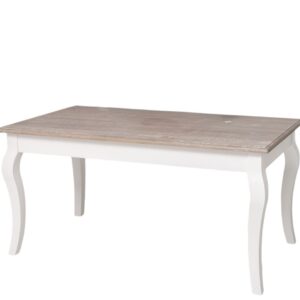 Landelijke romantische brocante klassiek rechthoekige eettafel met vier poten. Gemaakt van massief eiken hout in de kleur naturel licht eiken hout met wit onderstuk. Het meubel kan op verschillende manieren geverfd worden in verschillende kleuren en kan op maat gemaakt worden. Villa Laura