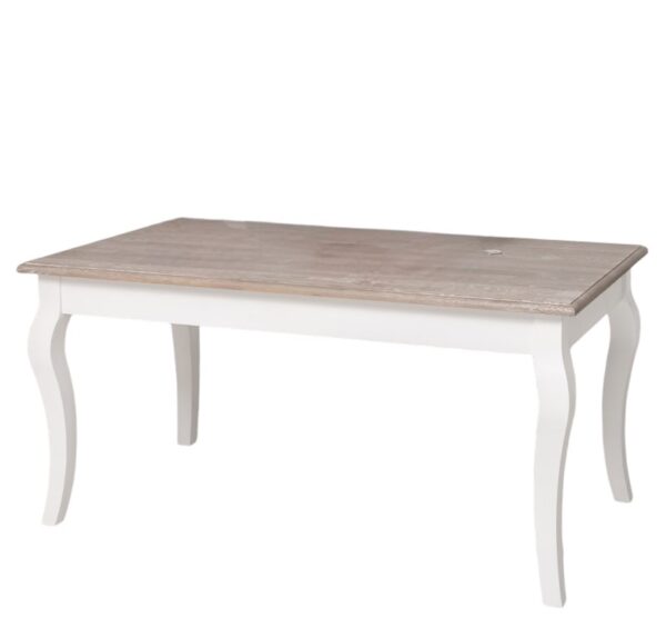 Landelijke romantische brocante klassiek rechthoekige eettafel met vier poten. Gemaakt van massief eiken hout in de kleur naturel licht eiken hout met wit onderstuk. Het meubel kan op verschillende manieren geverfd worden in verschillende kleuren en kan op maat gemaakt worden. Villa Laura