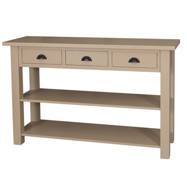 Landelijke sidetable / winkeldisplay met drie lades en twee planken. Gemaakt van massief eiken hout in de kleur groenbruin. Het meubel kan op verschillende manieren geverfd worden in verschillende kleuren en kan op maat gemaakt worden. Villa Laura