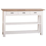 Landelijke sidetable / winkeldisplay met drie lades en twee planken. Gemaakt van massief eiken hout in de kleur beige met naturel. Het meubel kan op verschillende manieren geverfd worden in verschillende kleuren en kan op maat gemaakt worden. Villa Laura