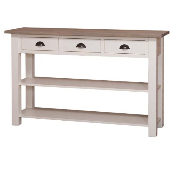 Landelijke sidetable / winkeldisplay met drie lades en twee planken. Gemaakt van massief eiken hout in de kleur beige met naturel. Het meubel kan op verschillende manieren geverfd worden in verschillende kleuren en kan op maat gemaakt worden. Villa Laura