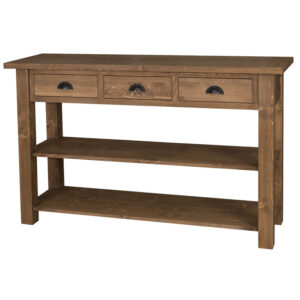 Landelijke sidetable / winkeldisplay met drie lades en twee planken. Gemaakt van massief eiken hout in de kleur naturel. Het meubel kan op verschillende manieren geverfd worden in verschillende kleuren en kan op maat gemaakt worden. Villa Laura