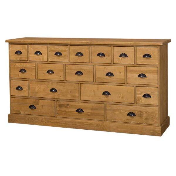 Landelijke ladekast met 19 verschillende formaten lades. Gemaakt van massief eiken hout in de kleur wax finish bruin. Het meubel kan op verschillende manieren geverfd worden in verschillende kleuren en kan op maat gemaakt worden. Villa Laura