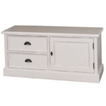 Landelijk tv meubel met twee lades en een deurtje. Gemaakt van massief eiken hout in de kleur roomwit, beige. Het meubel kan op verschillende manieren geverfd worden in verschillende kleuren en kan op maat gemaakt worden. Villa Laura