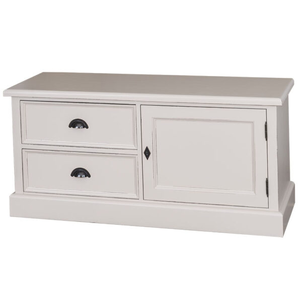 Landelijk tv meubel met twee lades en een deurtje. Gemaakt van massief eiken hout in de kleur roomwit, beige. Het meubel kan op verschillende manieren geverfd worden in verschillende kleuren en kan op maat gemaakt worden. Villa Laura