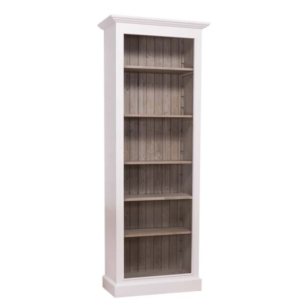 Landelijke boekenkast met zes verstelbare open vakken. Gemaakt van massief eiken hout in de kleur wit met een bruin eiken binnenkant. Het meubel kan op verschillende manieren geverfd worden in verschillende kleuren en kan op maat gemaakt worden. Villa Laura