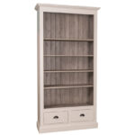 Landelijke boekenkast met vijf open vakken en twee lades. Gemaakt van massief eiken hout in de kleur beige met een bruin eiken binnenkant. Het meubel kan op verschillende manieren geverfd worden in verschillende kleuren en kan op maat gemaakt worden. Villa Laura