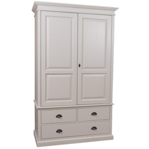 landelijke klassieke kledingkast met lades en 2 deuren. de kledingkast heeft een gedeelte hang en legplanken. Gemaakt van massief hout eiken in de kleur zand, beige, wit. Het kan op maat gemaakt worden. Villa Laura