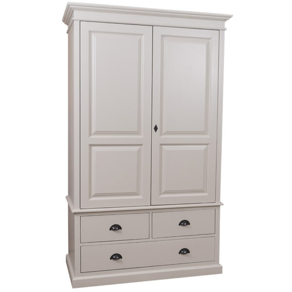 landelijke klassieke kledingkast met lades en 2 deuren. de kledingkast heeft een gedeelte hang en legplanken. Gemaakt van massief hout eiken in de kleur zand, beige, wit. Het kan op maat gemaakt worden. Villa Laura