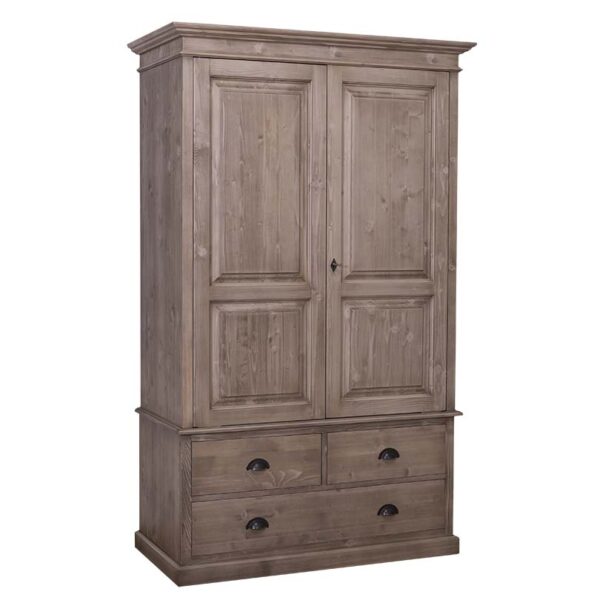 landelijke klassieke kledingkast met lades en 2 deuren. de kledingkast heeft een gedeelte hang en legplanken. Gemaakt van massief hout eiken in de kleur zand grijs. Het kan op maat gemaakt worden. Villa Laura