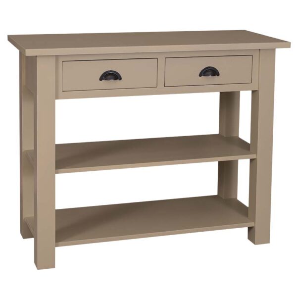 Landelijke side table met twee lades en twee planken. Gemaakt van massief eiken hout in de kleur olijfgroen. Het meubel kan op verschillende manieren geverfd worden in verschillende kleuren en kan op maat gemaakt worden. Villa Laura
