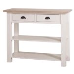 Landelijke side table met twee lades en twee planken. Gemaakt van massief eiken hout in de kleur wit met naturel. Het meubel kan op verschillende manieren geverfd worden in verschillende kleuren en kan op maat gemaakt worden. Villa Laura
