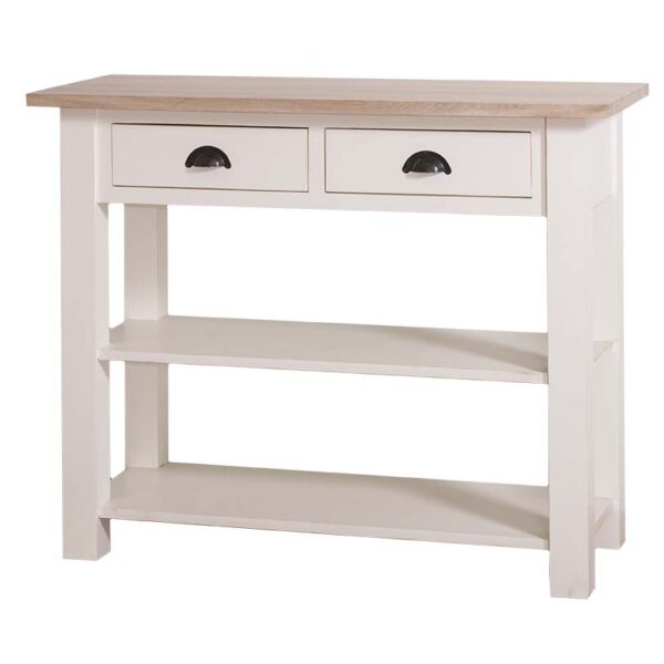 Landelijke side table met twee lades en twee planken. Gemaakt van massief eiken hout in de kleur wit met naturel. Het meubel kan op verschillende manieren geverfd worden in verschillende kleuren en kan op maat gemaakt worden. Villa Laura