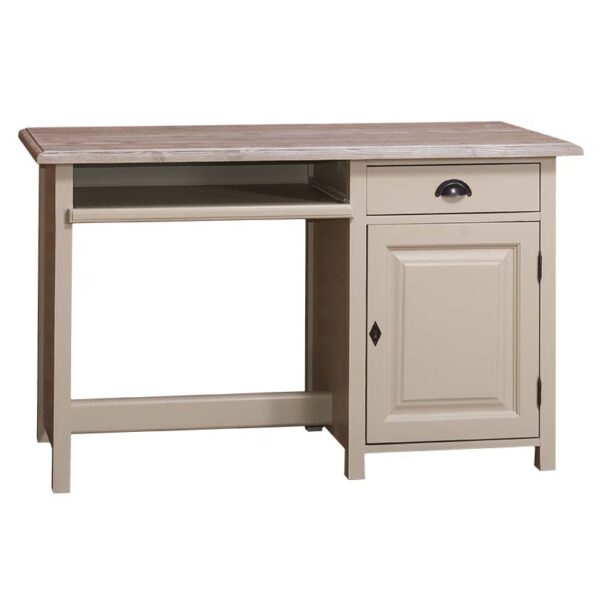 Landelijk bureau met deur, lade en onderblad voor opbergruimte. Gemaakt van massief eiken hout in de kleur olijfgroen met een grijs eiken blad. Het meubel kan op verschillende manieren geverfd worden in verschillende kleuren en kan op maat gemaakt worden. Villa Laura