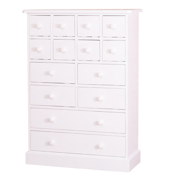 Landelijke hoge ladekast met veertien lades in verschillende formaten voor opbergruimte. Gemaakt van massief eiken hout in de kleur wit. Het meubel kan op verschillende manieren geverfd worden in verschillende kleuren en kan op maat gemaakt worden. Villa Laura