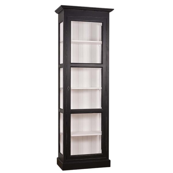Landelijke boekenkast met zes vakken met lange deur met glas. Gemaakt van massief eiken hout in de kleur zwart met witte binnenkant. Het meubel kan op verschillende manieren geverfd worden in verschillende kleuren en kan op maat gemaakt worden. Villa Laura