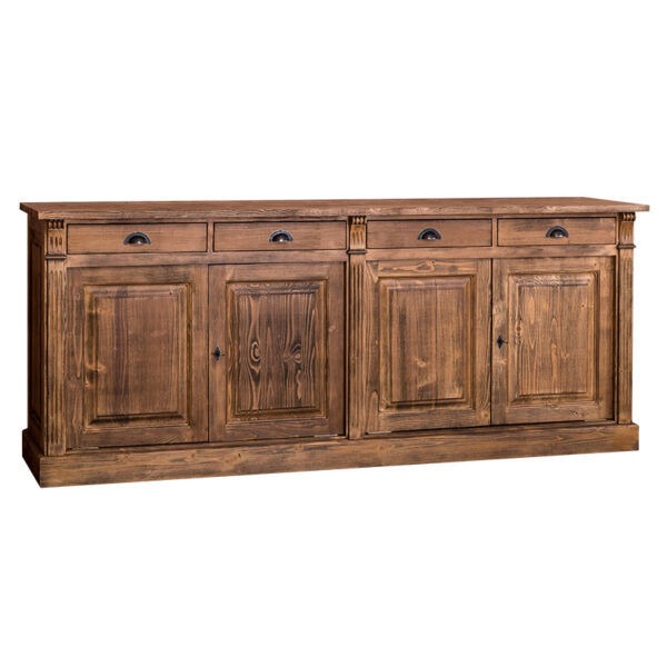 landelijk klassiek dressoir met 4 lades en 4 deuren voor veel opbergruimte. Gemaakt van massief hout eiken in de kleur bruin. Het kan op maat gemaakt worden. Villa Laura