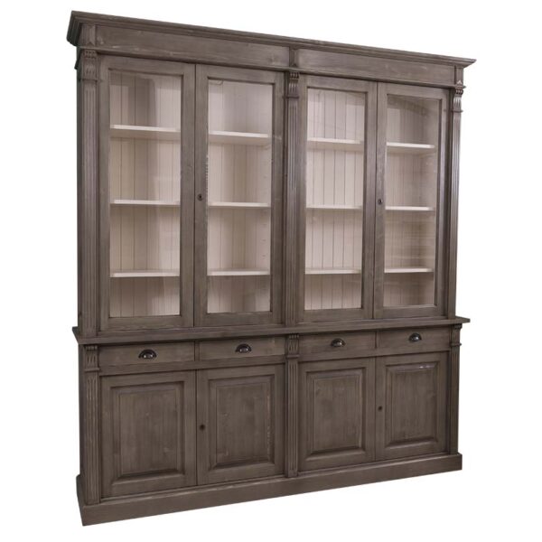 landelijk klassieke bibliotheekkast met lades en deuren. de planken in de kast zijn verstelbaar. Gemaakt van massief hout eiken in de kleur koffie en binnenkant licht eiken. Het kan op maat gemaakt worden. Villa Laura