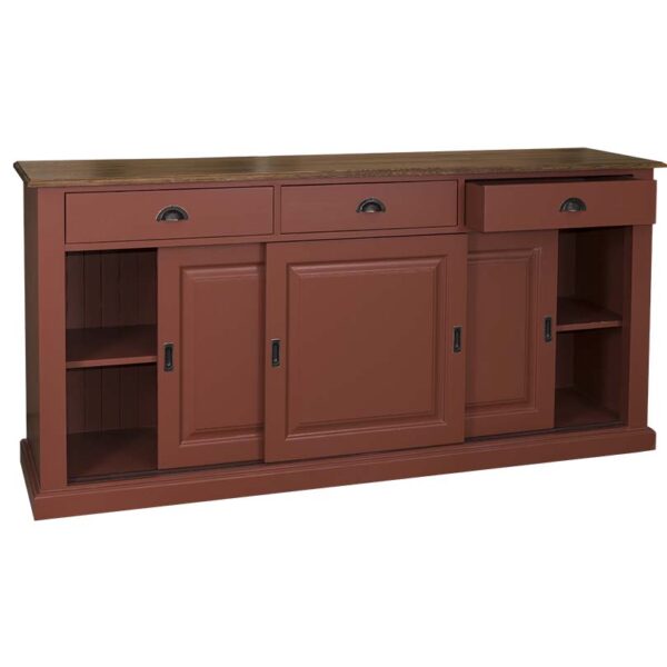 landelijk dressoir met 3 lades en 3 schuifdeuren. gemaakt van massief hout in de kleur kastanje roodbruin. kan op maat gemaakt worden. Villa Laura.