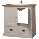 Landelijk badkamermeubel met twee lades en twee deuren. Gemaakt van massief eiken hout in de kleur beige. Het meubel kan op verschillende manieren geverfd worden in verschillende kleuren en kan op maat gemaakt worden. Villa Laura
