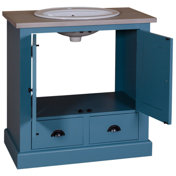 Landelijk badkamermeubel met twee lades en twee deuren. Gemaakt van massief eiken hout in de kleur blauw. Het meubel kan op verschillende manieren geverfd worden in verschillende kleuren en kan op maat gemaakt worden. Villa Laura