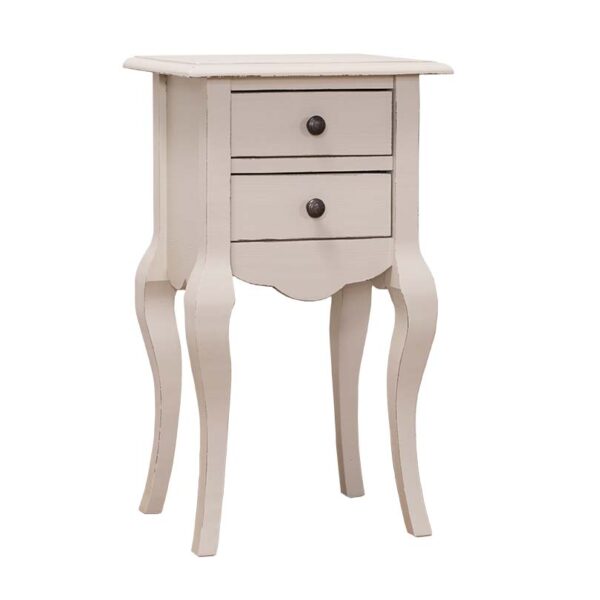 Landelijke plantentafel/zuil/ladekast/nachtkastje met twee lades. Gemaakt van massief eiken hout in de kleur taupe. Het meubel kan op verschillende manieren geverfd worden in verschillende kleuren en kan op maat gemaakt worden. Villa Laura