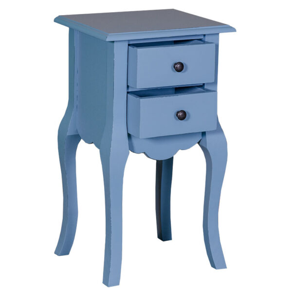 Landelijke plantentafel/zuil/ladekast/nachtkastje met twee lades. Gemaakt van massief eiken hout in de kleur blauw. Het meubel kan op verschillende manieren geverfd worden in verschillende kleuren en kan op maat gemaakt worden. Villa Laura