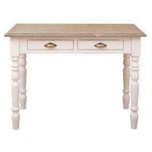 Landelijk bureau met twee lades. Gemaakt van massief eiken hout in de kleur beige. Het meubel kan op verschillende manieren geverfd worden in verschillende kleuren en kan op maat gemaakt worden. Villa Laura