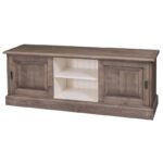 Landelijk tv meubel met 2 kastjes en 2 open vakken. Gemaakt van massief hout eiken in de kleur waterafstotend finish grijs met een gebroken witte binnenkant. Het tv meubel kan op verschillende manieren geverfd worden in verschillende kleuren en kan op maat gemaakt worden. Villa Laura