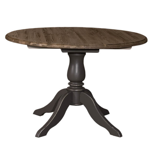 Landelijke uitschuifbare ronde eettafel met een klassiek onderstel. Eettafel gemaakt van eikenhout. Onderstel in de kleur zwartbruin en het tafelblad in de kleur koffie. Villa Laura