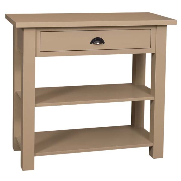 Landelijke side table met lade en twee planken. Gemaakt van massief eiken hout in de kleur groenbruin. Het meubel kan op verschillende manieren geverfd worden in verschillende kleuren en kan op maat gemaakt worden. Villa Laura