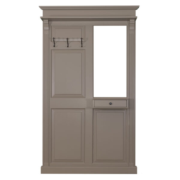 Landelijke hal meubel met 3 haken met daarboven een plank en onder 1 lade. Aan de rechterkant zit een open vak voor bijvoorbeeld een spiegel. Gemaakt van massief eiken hout in de kleur licht brons. Het hal meubel kan op verschillende manieren geverfd worden in verschillende kleuren en kan op maat gemaakt worden. Villa Laura