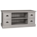 Landelijk tv meubel met 4 kleine lades met komgrepen en 2 lange open vakken. Gemaakt van massief hout eiken in de kleur grijs. De tv meubel kan op verschillende manieren geverfd worden in verschillende kleuren en kan op maat gemaakt worden. Villa Laura