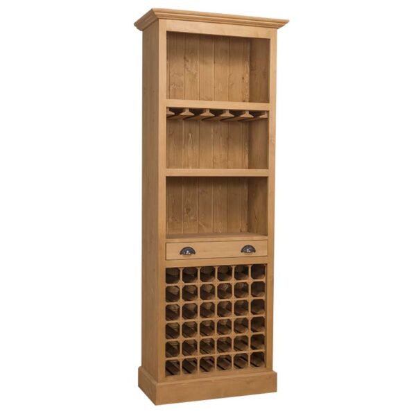 Landelijke wijnkast met een wijnrek, open vakken en plek om wijnglazen op te hangen. Gemaakt van massief eiken hout in de kleur naturel. Het meubel kan op verschillende manieren geverfd worden in verschillende kleuren en kan op maat gemaakt worden. Villa Laura