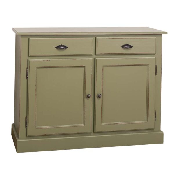 landelijk klassiek dressoir met schuifdeuren en lades voor veel opbergruimte. Gemaakt van massief hout in de kleur olijfgroen. Het kan op maat gemaakt worden. Villa Laura