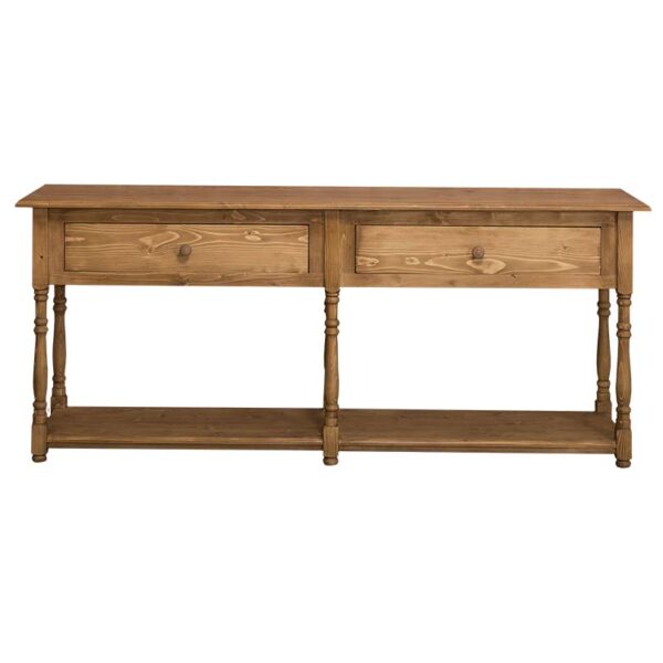 Landelijke side table met twee lades en onderplank. Gemaakt van massief eiken hout in de kleur naturel. Het meubel kan op verschillende manieren geverfd worden in verschillende kleuren en kan op maat gemaakt worden. Villa Laura