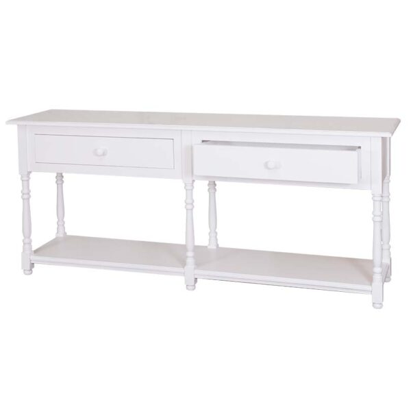 Landelijke side table met twee lades en onderplank. Gemaakt van massief eiken hout in de kleur wit. Het meubel kan op verschillende manieren geverfd worden in verschillende kleuren en kan op maat gemaakt worden. Villa Laura
