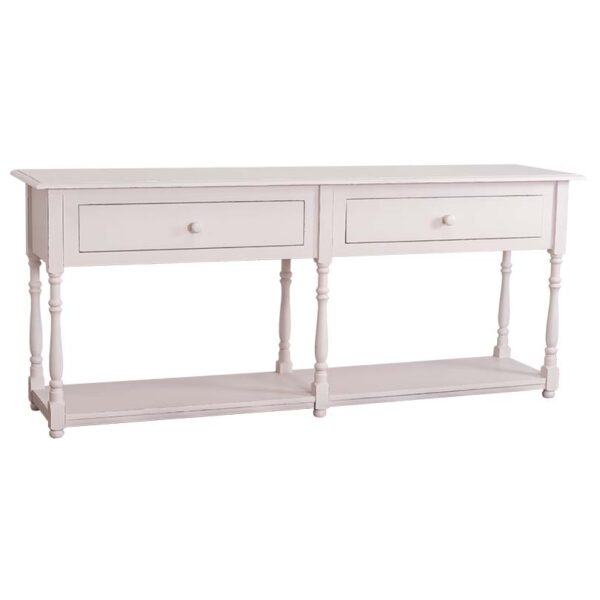 Landelijke side table met twee lades en onderplank. Gemaakt van massief eiken hout in de kleur wit. Het meubel kan op verschillende manieren geverfd worden in verschillende kleuren en kan op maat gemaakt worden. Villa Laura