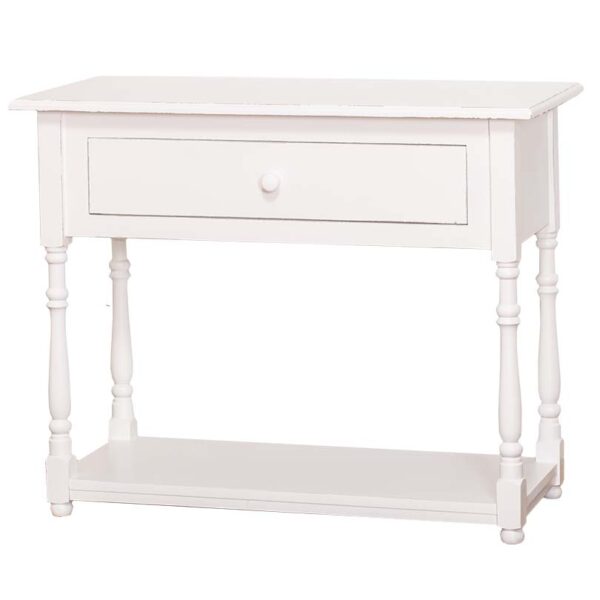 Landelijke side table met lade en onderblad. Gemaakt van massief eiken hout in de kleur wit. Het meubel kan op verschillende manieren geverfd worden in verschillende kleuren en kan op maat gemaakt worden. Villa Laura